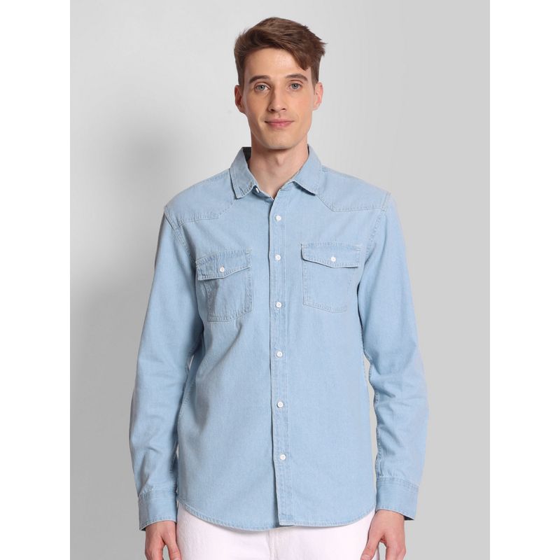 Bene Kleed Blue Regular Fit Double Pocket Yoke Denim Shirt (S)