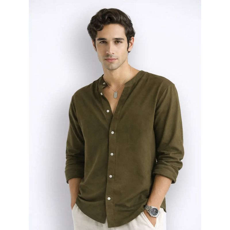 Cove and Lane Mandarin Air Linen Olive Regular Fit Shirt (S)