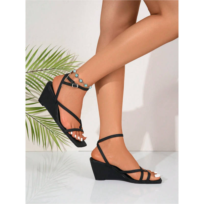 IRUSSH Women Luxe Cross-Band Wedges Black (EURO 35)