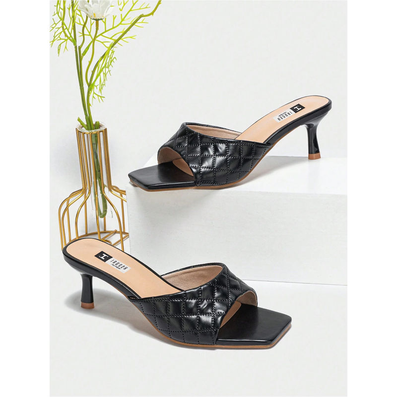 IRUSSH Women Glossy Charm Square-Toe Heels Black (EURO 35)