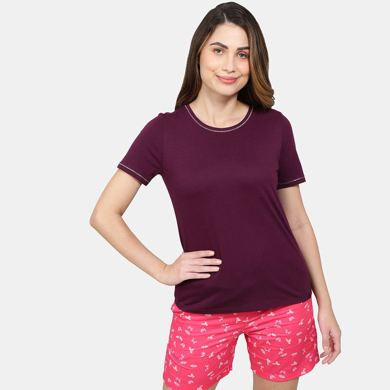 Jockey RX71 Womens Micro Modal Cotton Relaxed Fit Round Neck T-Shirt- Purple Wine (S)