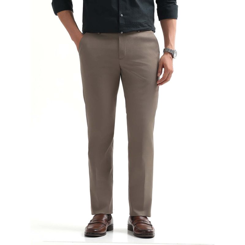 Arrow Mens Brown Mid Waist Solid Formal Trouser (38)