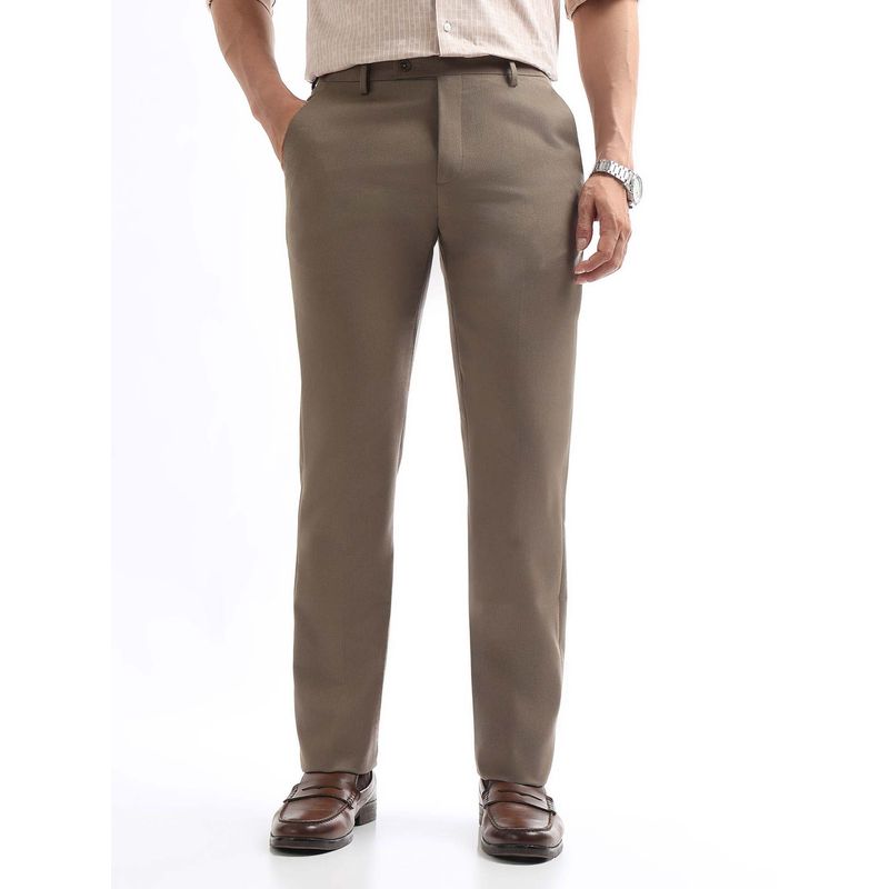 Arrow Mens Brown Mid Waist Solid Formal Trouser (38)