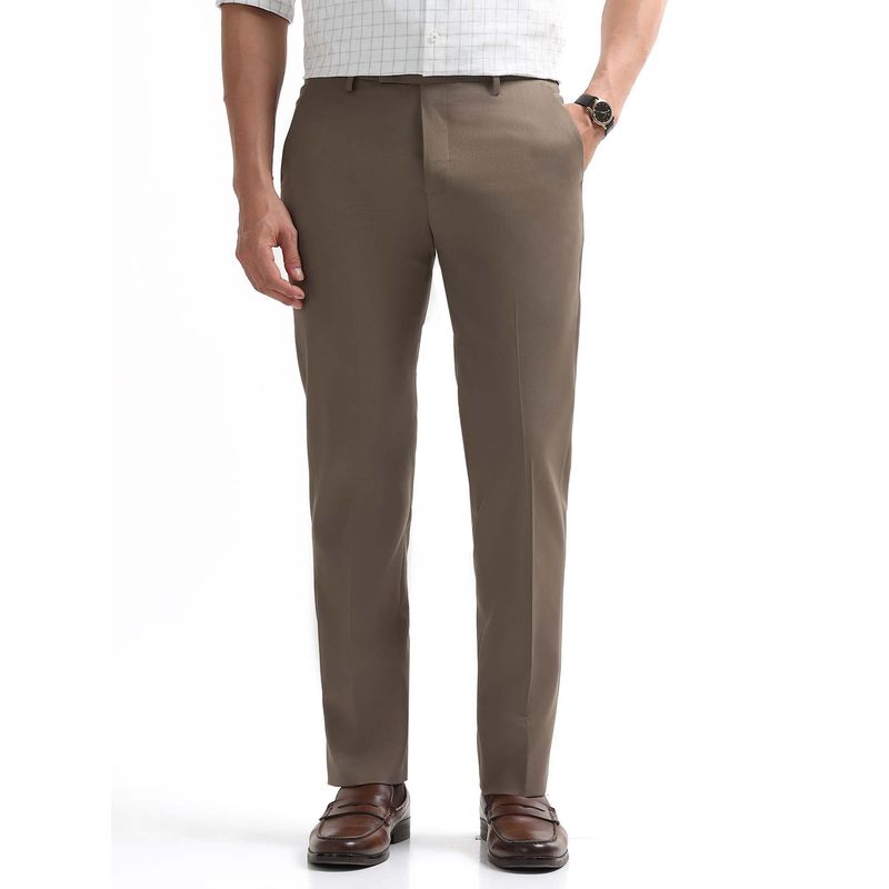 Arrow Mens Brown Mid Waist Solid Formal Trouser (32)