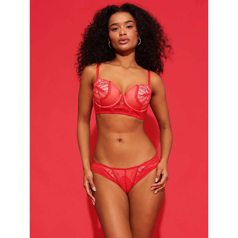 Chelvet Red Demi Coverage Padded Underwired Bralette with Matching Panty (32B)