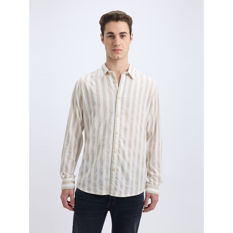 Pepe Jeans Men Beige Stripe Full Sleeve Shirt (XL)