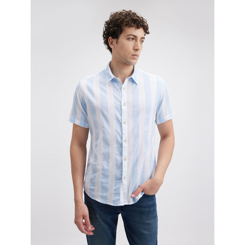 Pepe Jeans Men Blue Crinkle Stripe Short Sleeve Shirt (L)