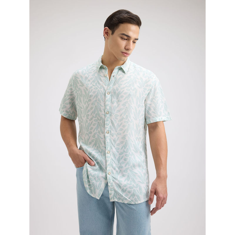 Pepe Jeans Men Blue Leaf Print Short Sleeve Linen Shirt (M)