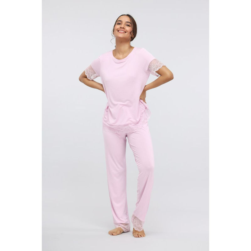 NeceSera Soft Pink Lace Modal Pajama (Set of 2) (S)