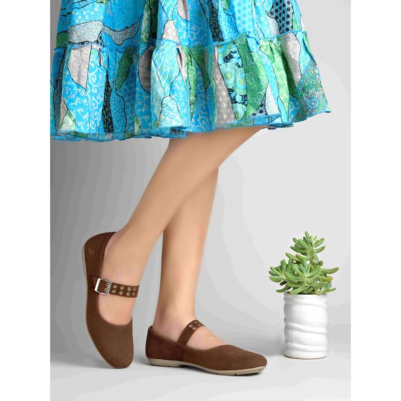 Shoetopia Women Brown Suede Mary Jane Ballerinas (EURO 36)
