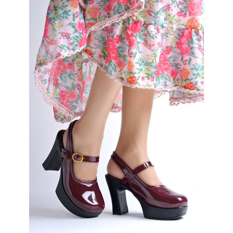 Shoetopia Women's Maroon Patent Mary Jane Block Heels (EURO 35)