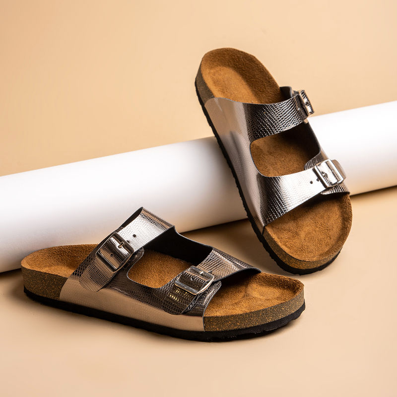 MOZAFIA Silver Lizard Grain Cork Sandals for Women (UK 4)