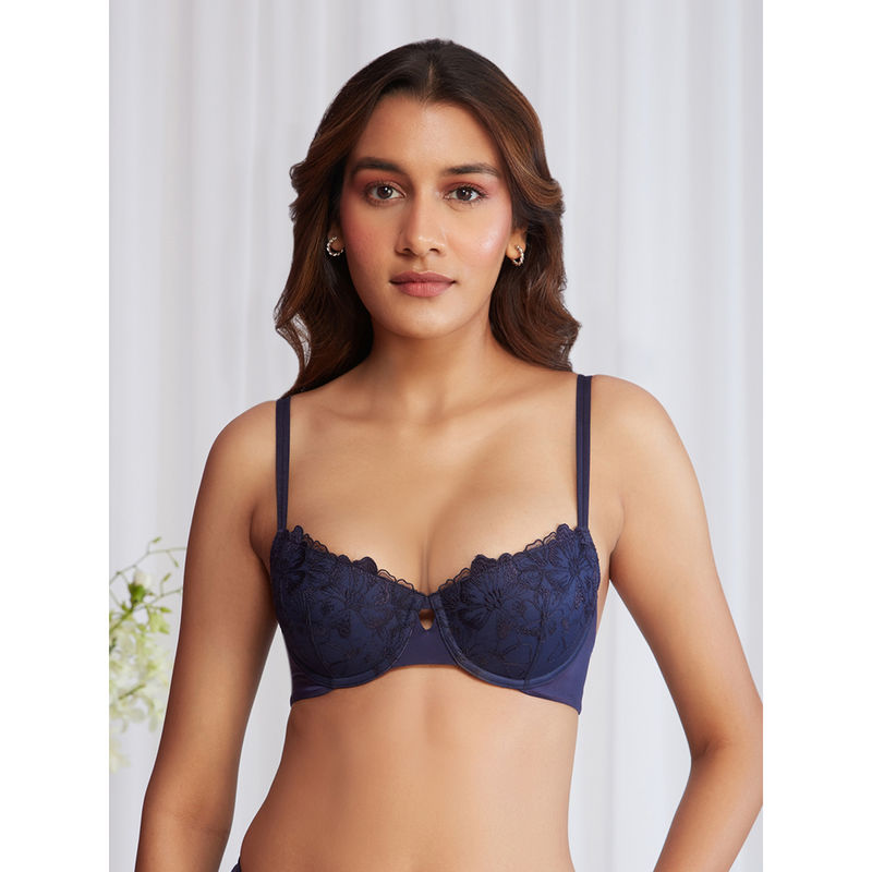 Nykd by Nykaa Balconette Padded Wired Lace Bra - NYB222 Navy Blue (32B)