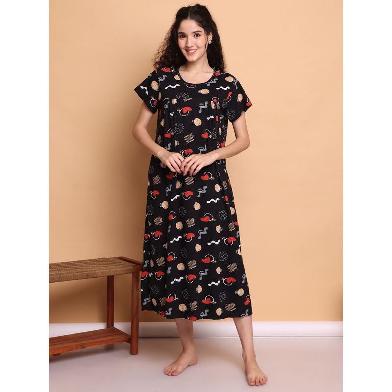 Secret Wish Black Printed Hosiery Nighty (M)