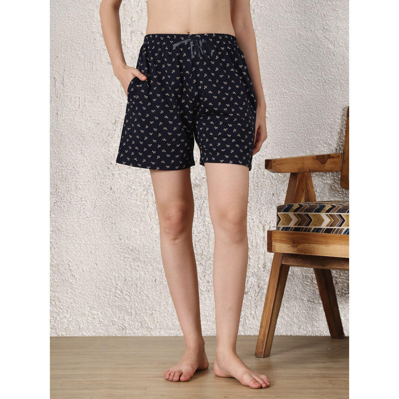 Secret Wish Navy Blue Printed Hosiery Shorts (S)