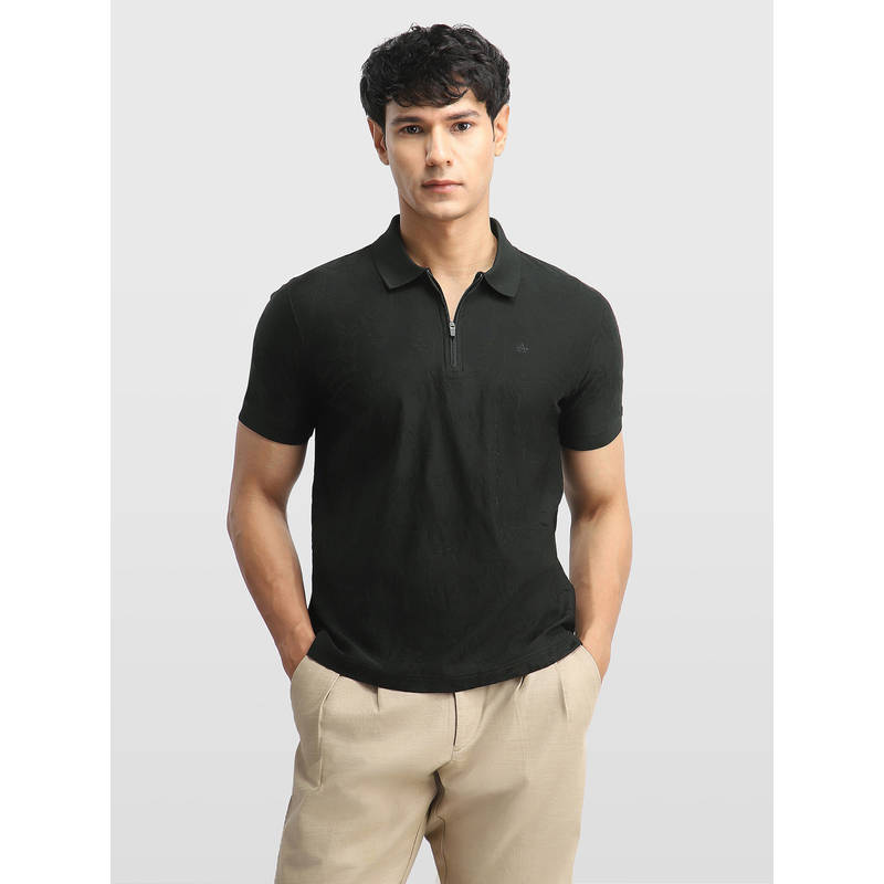 Arrow Men Black Floral Patterned Knit Regular Fit Polo T-Shirt (S)