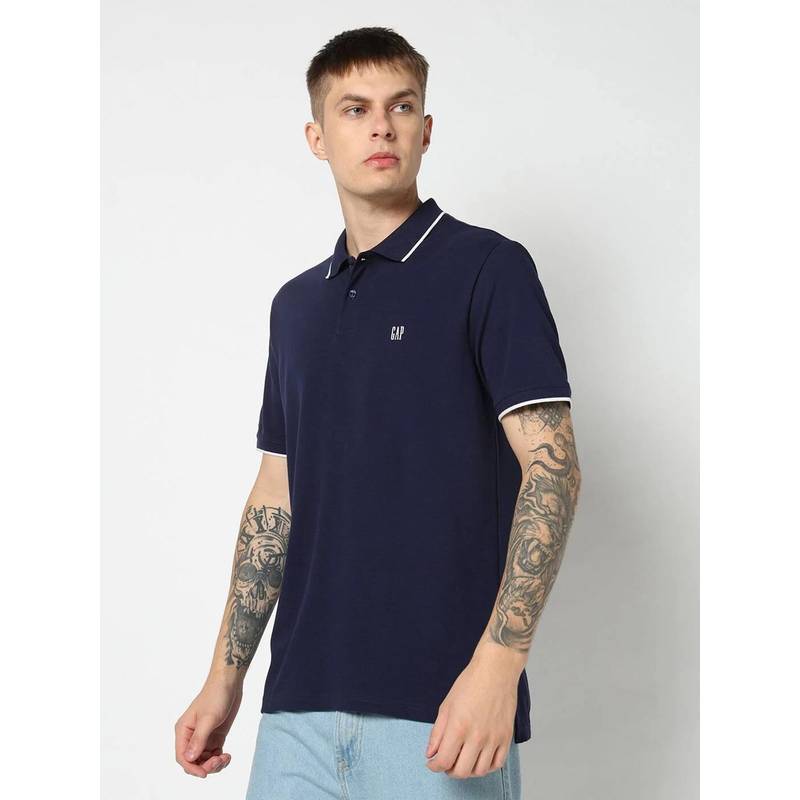 GAP Men Solid Half Sleeves Navy Blue Polo T-shirt (L)