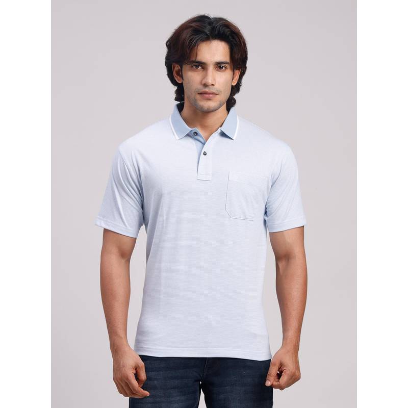 Classic Polo Men Blue Regular Fit Stripes Cotton Blend Polo T-shirt (M)