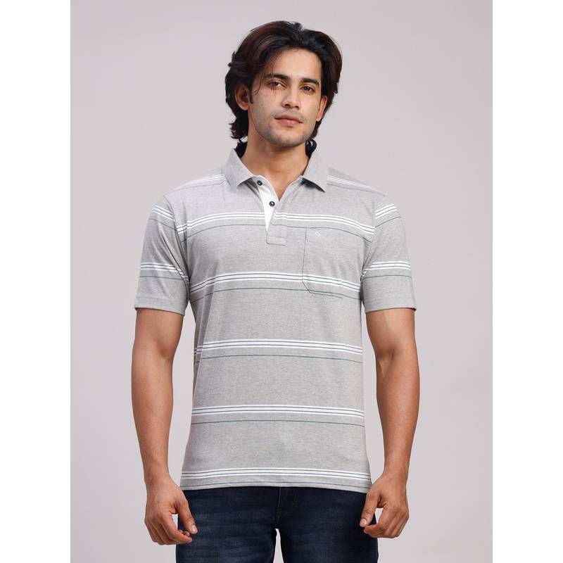 Classic Polo Men Grey Regular Fit Stripes Cotton Polo T-shirt (4XL)