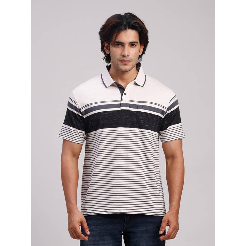 Classic Polo Men Black Regular Fit Stripes Cotton Blend Polo T-shirt (4XL)