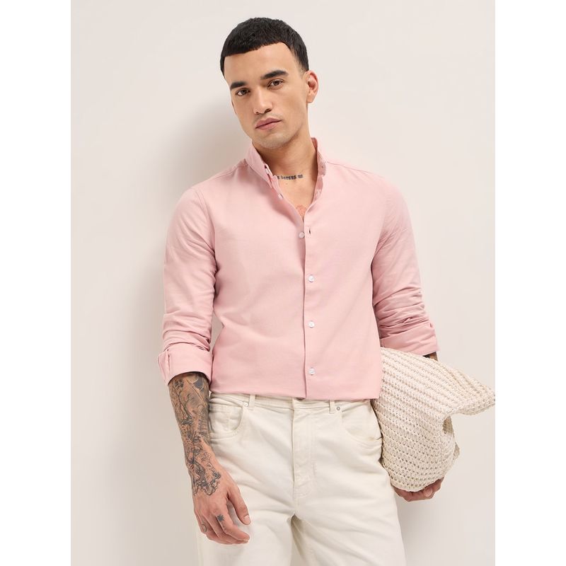 THE BEAR HOUSE Mens Pink Slim Fit Solid Cotton Woven Casual Shirt (L)