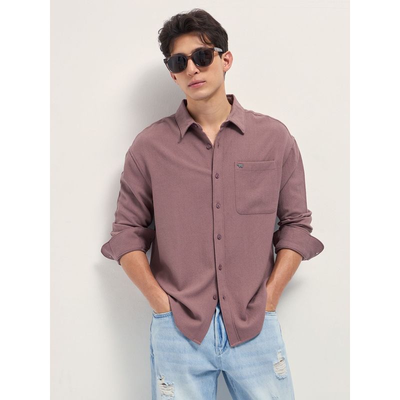 THE BEAR HOUSE Mens Mauve Relaxed Fit Textured Woven Casual Shirt (XL)