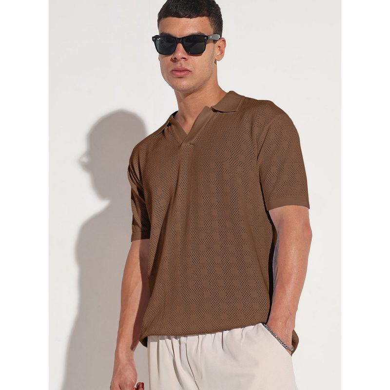 SHOWOFF Men Brown Collar Regular Fit Semi Sheer Polo T-Shirt (M)