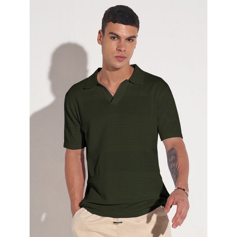 SHOWOFF Men Green Collar Regular Fit Semi Sheer Polo T-Shirt (M)