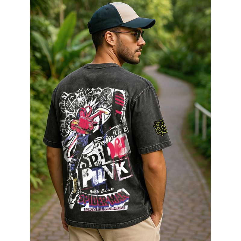 Bewakoof Official Marvel Men's Black Spider Punk Graphic Printed Oversized Acid Wash T-shirt (L)