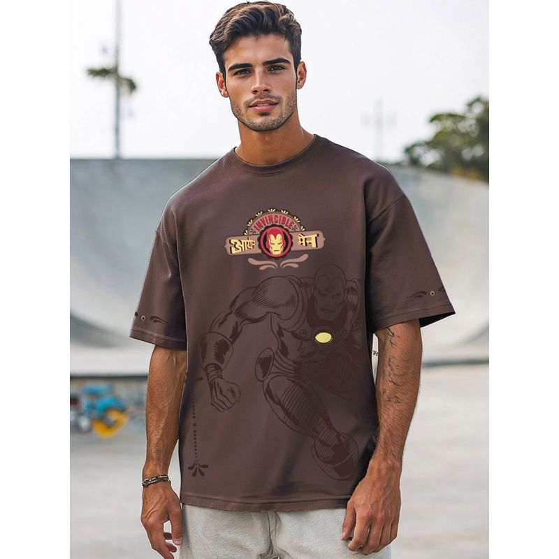 Bewakoof Official Marvel Men's Chocolate Brown Iron Truck Graphic Printed Oversized T-shirt (XL)
