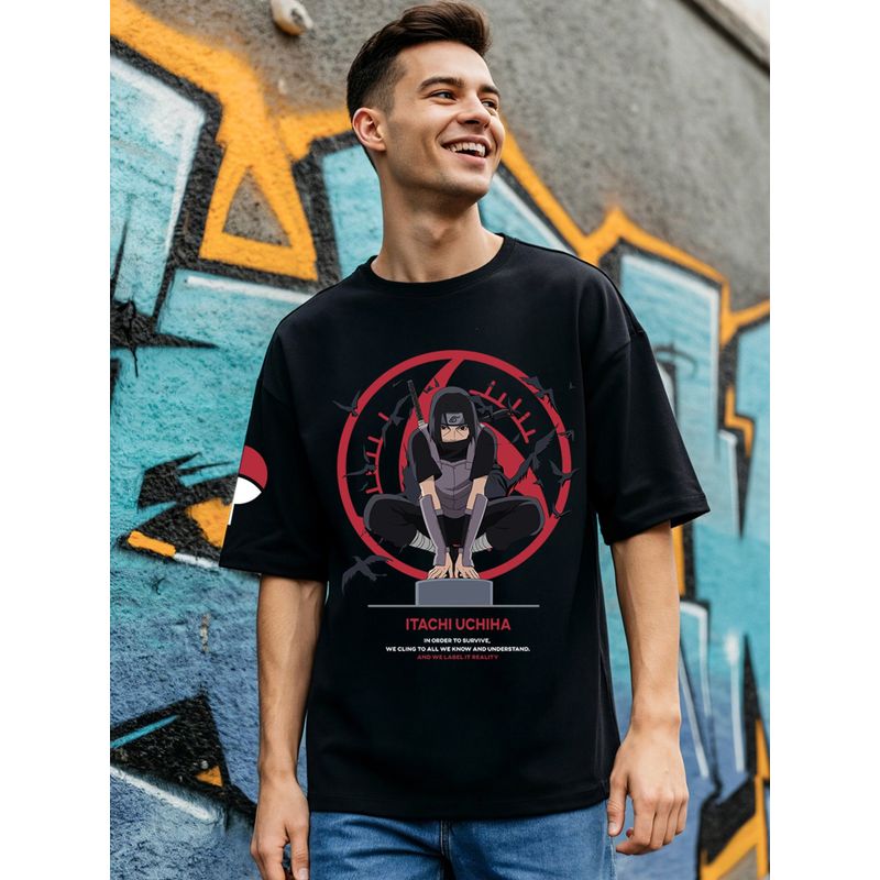 Bewakoof Official Naruto Men's Jet Black Madara Graphic Printed Oversized T-shirt (S)