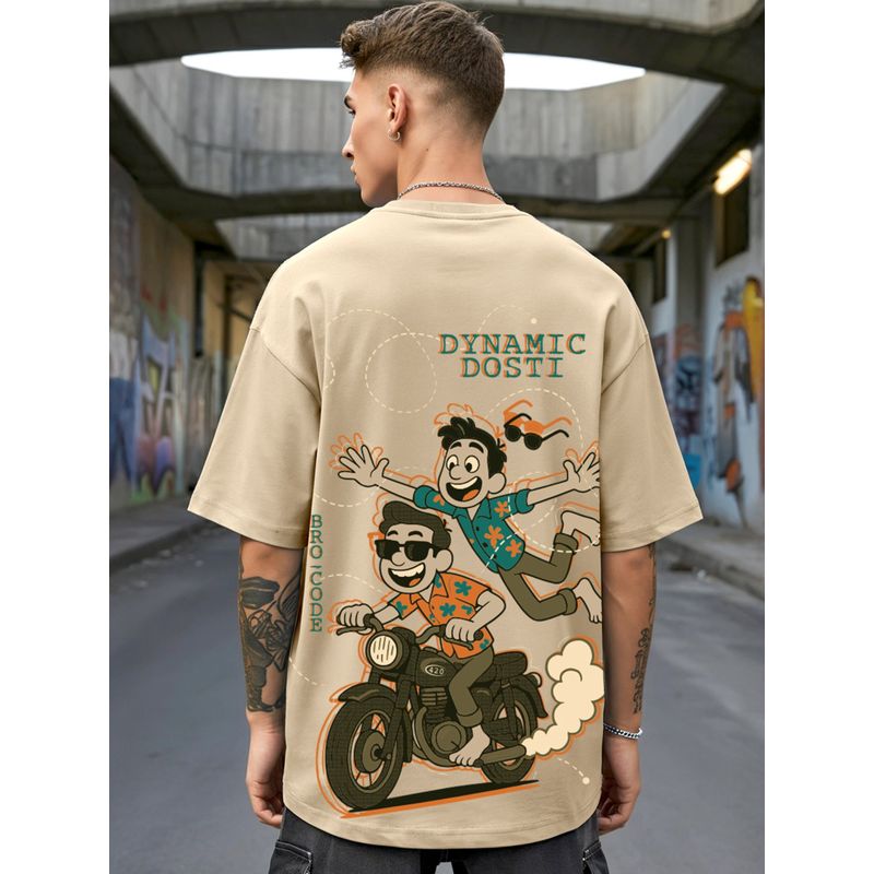 Bewakoof Men's Ginger Root Brown Dynamic Dosti Graphic Printed Oversized T-shirt (XL)