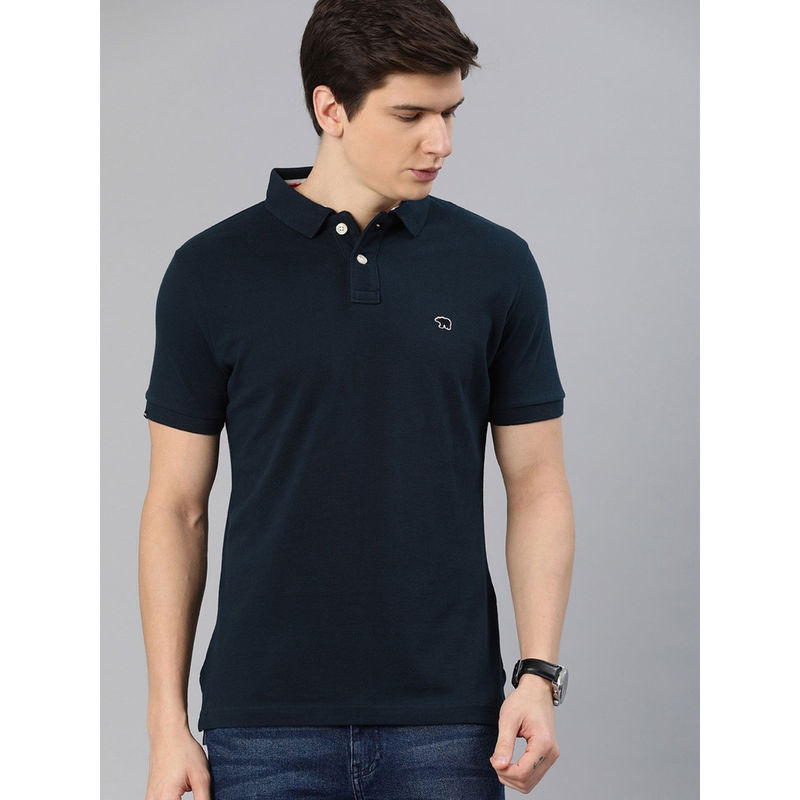 THE BEAR HOUSE Men Navy Blue Solid Slim Fit Polo Collar T-shirt (M)
