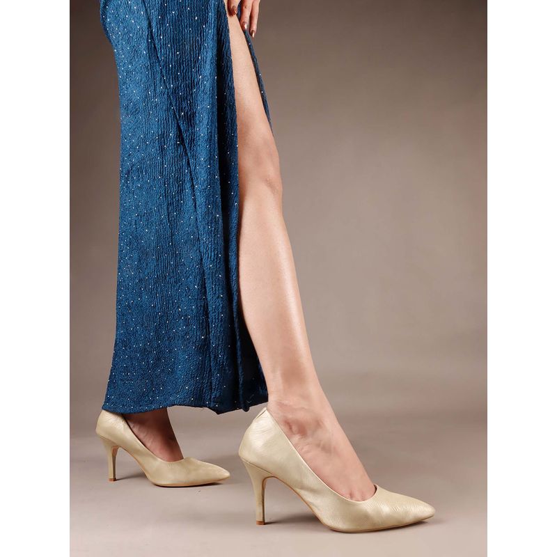 The White Pole Elegant Gold Textured Pointed Toe Pumps for Women (EURO 37)