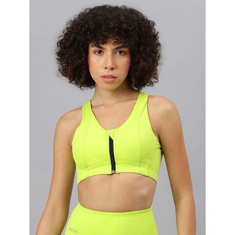 Fitkin Women's Neon Green Front Zipper Sports Bra Buy Fitkin Women's