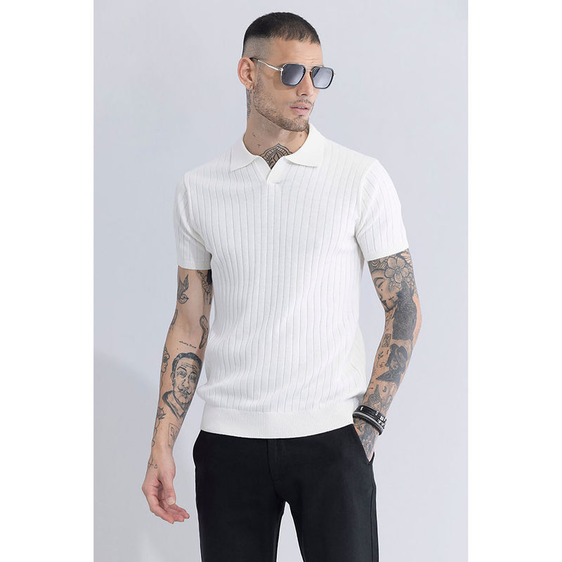 Snitch Men White Stripes Slim Fit Polo T-Shirt (S)