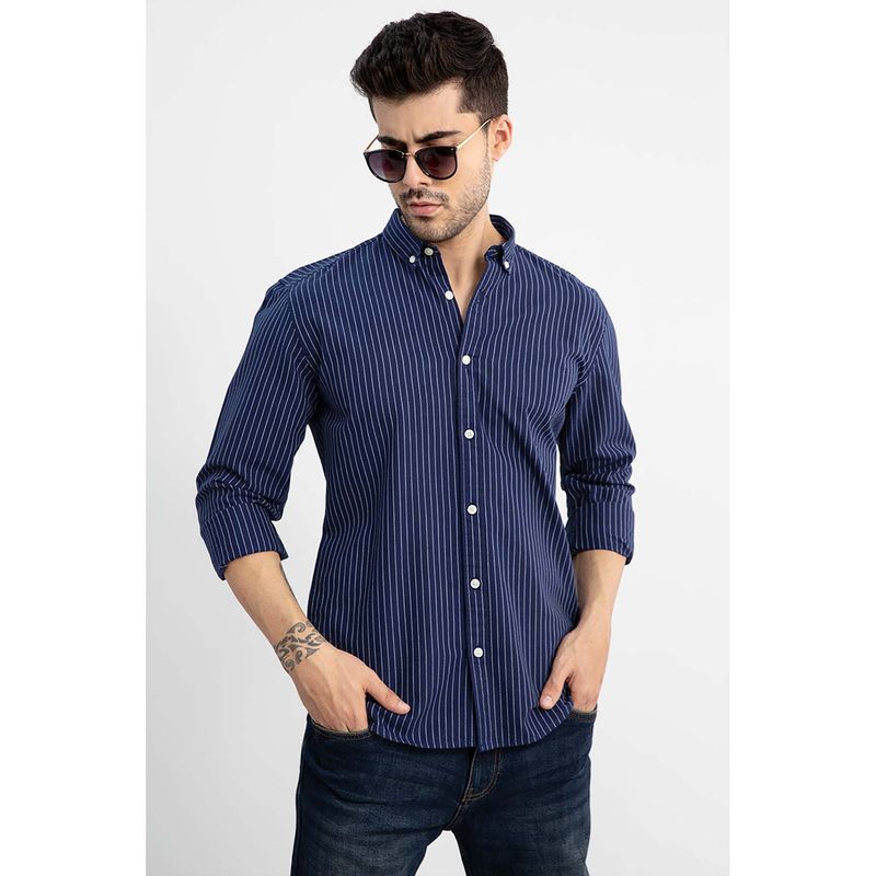 Snitch Dark Blue Stripes Full Sleeves Slim Casual Shirt for Men (L)