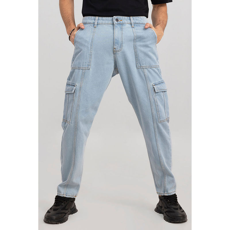 Snitch Light Blue Washed Baggy Casual Cargo Jeans for Men (34)