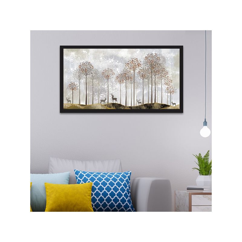 Dekorstation Golden Tranquility with Golden Tree and Deer Frame Wall Painting (12x24 inches)