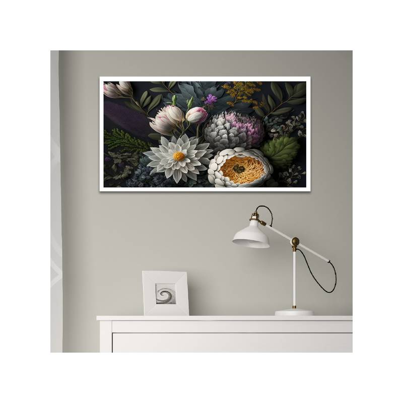 Dekorstation Assortment of Leaves and White Flowers On Dark Background Wall Painting (12x24 inches)