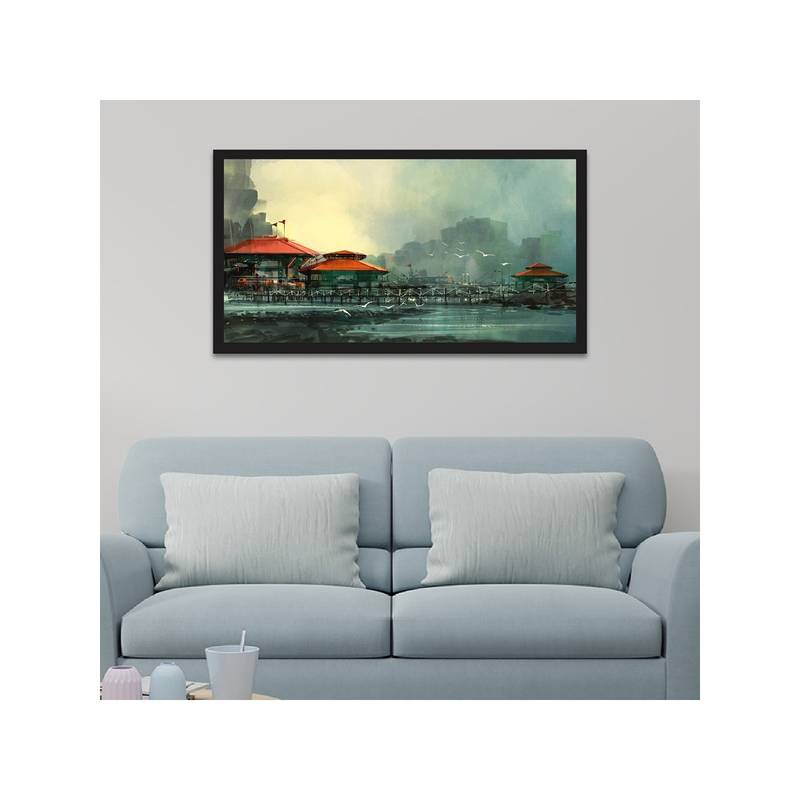 Dekorstation Beautiful Harbor Fishing Village Floating Frame Canvas Wall Painting (12x24 inches)