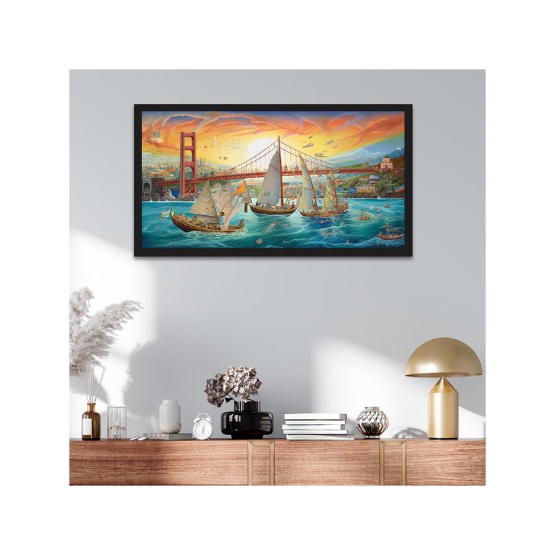 Dekorstation Sailing Past Golden Gate Bridge Floating Frame Landscape Wall Painting (12x24 inches)