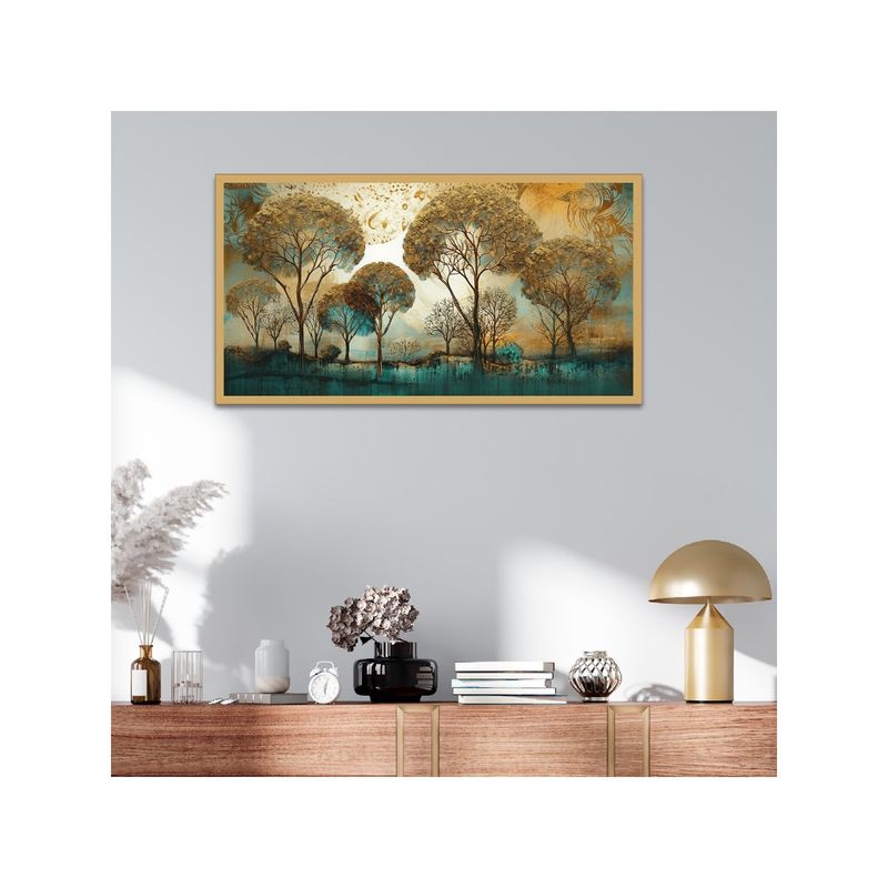 Dekorstation Gold and Blue Tree Landscape Frame Landscape Wall Painting (12x24 inches)