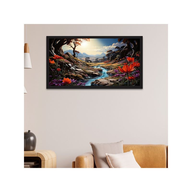 Dekorstation Beautiful Field of Flowers with Sunrise Frame Landscape Wall Painting (12x24 inches)