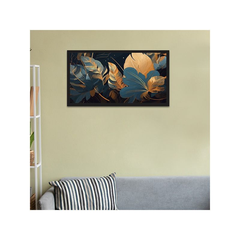 Dekorstation Prints Golden Tropical Leaves Floating Frame Wall Painting (12x24 inches)