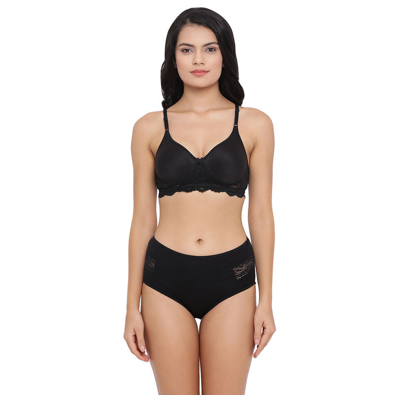 Clovia Cotton Rich Non-Wired Spacer Cup T-Shirt Bra & High Waist Hipster Panty - Black (32B)