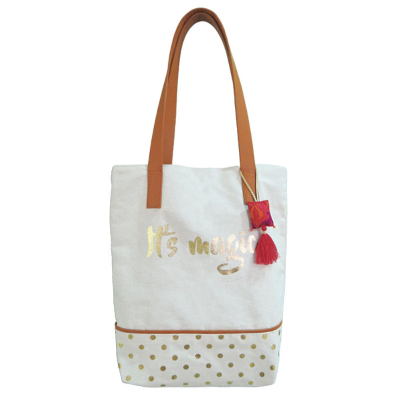 Danali Gold Foil Printed "ITS MAGIC" Tote Bag With Leather Handle