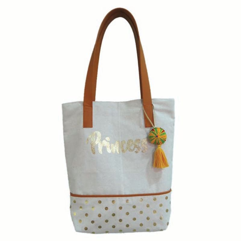 Danali Gold Foil Printed "PRINCESS" Tote Bag With Leather Handle