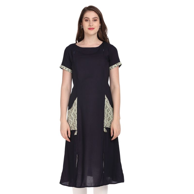 Morph Maternity Trendy Gold Print Feeding Kurta - Blue (XL)