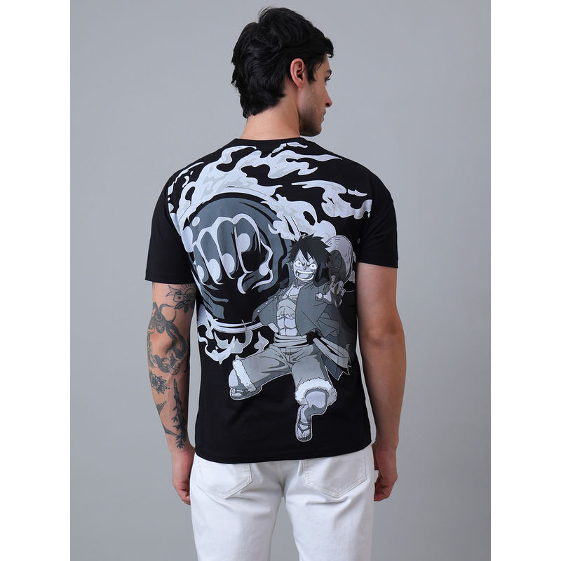 Free Authority Men Monkey D. Luffy Anime Printed Cotton Black Relaxed Fit T-Shirt (S)